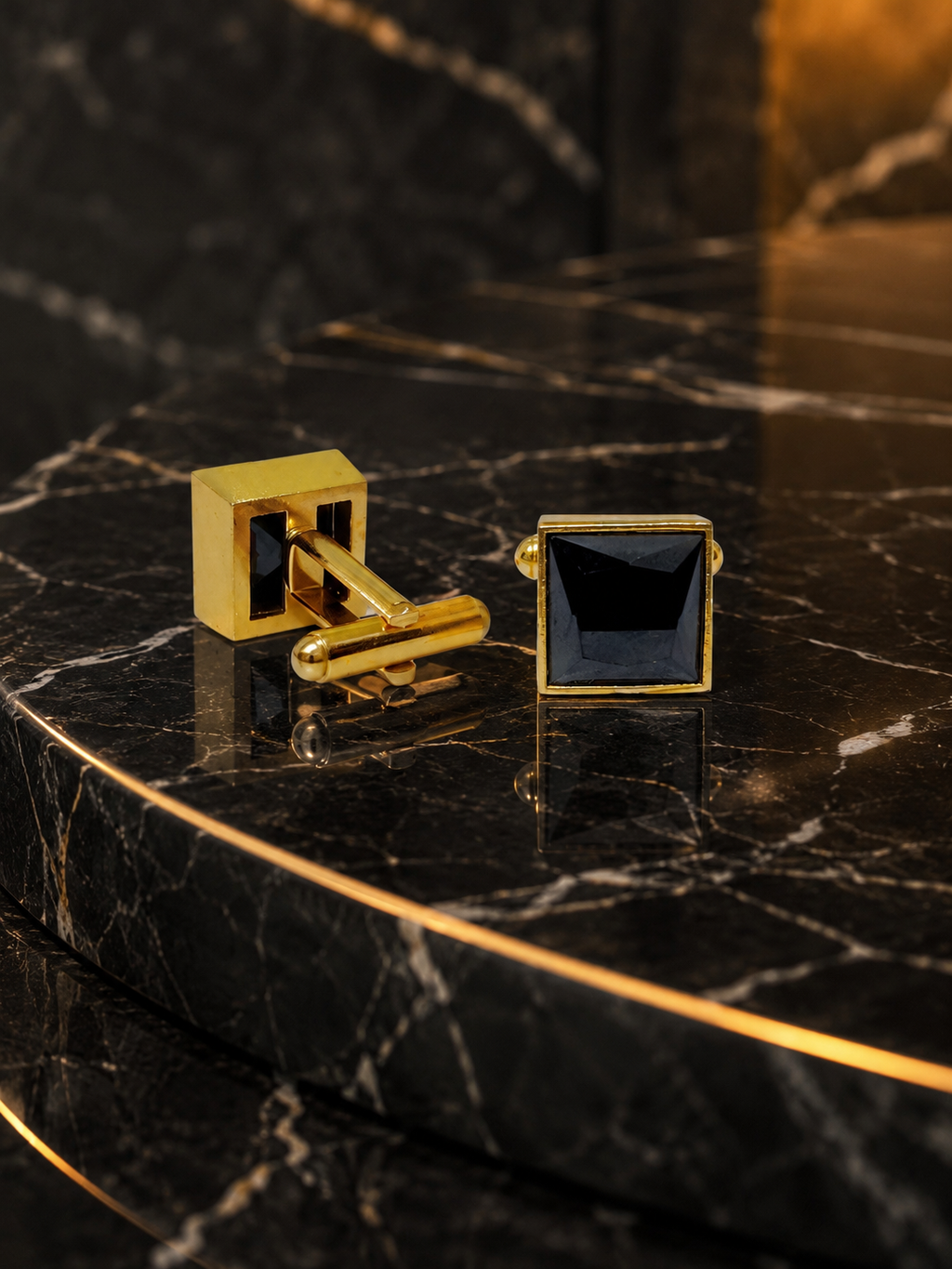 Black Square Cufflinks for Men – Gold Plated Brass Formal Cufflinks with Black Stone