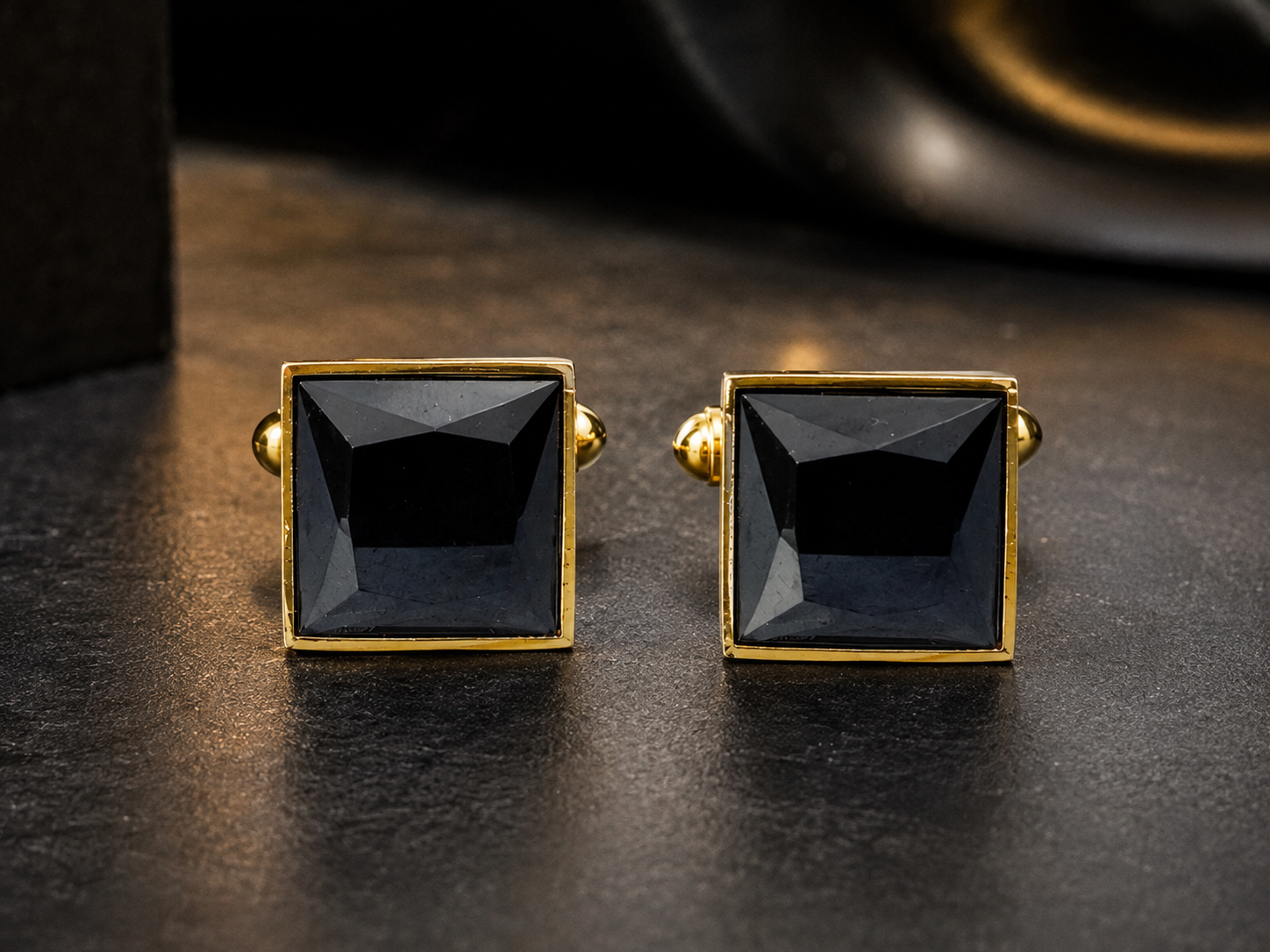 Black Square Cufflinks for Men – Gold Plated Brass Formal Cufflinks with Black Stone