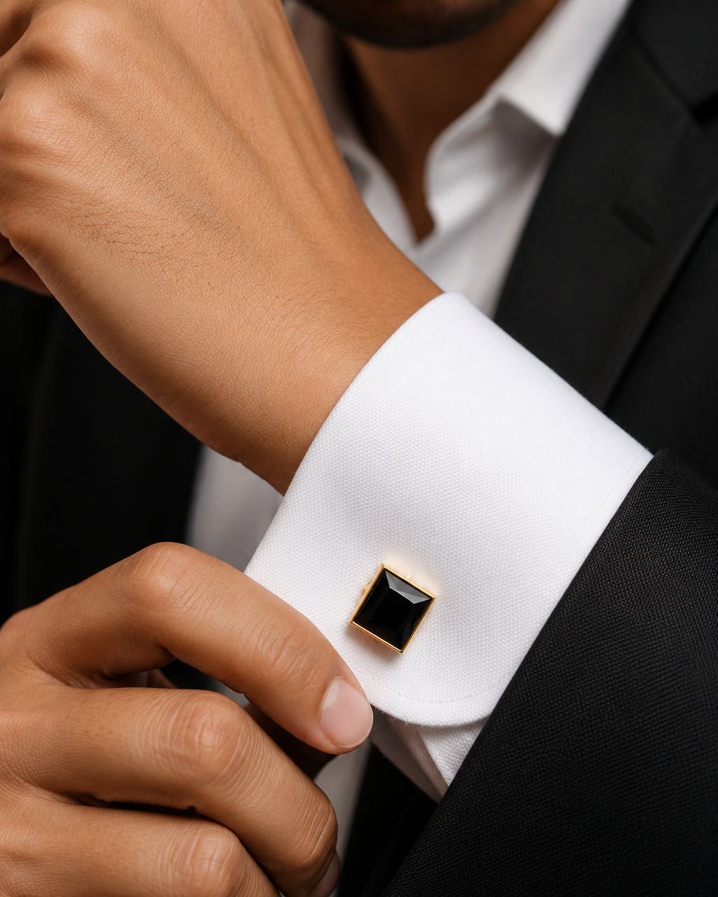Black Square Cufflinks for Men – Gold Plated Brass Formal Cufflinks with Black Stone