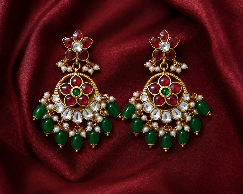 Royal Kundan Gold Plated Brass Chandbali Style Dangle Earrings