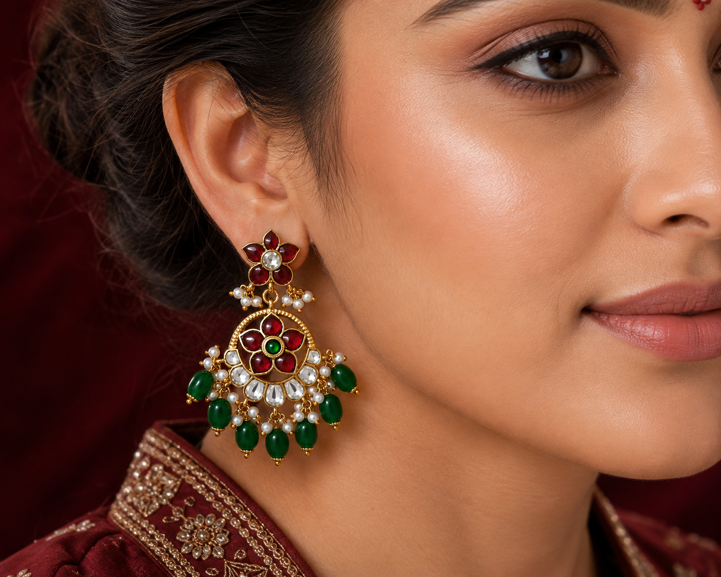 Royal Kundan Gold Plated Brass Chandbali Style Dangle Earrings