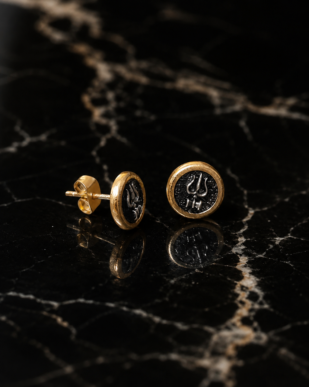 Round Trishul Stud Earrings for Men | Gold Plated Brass Shiva Trishul Earrings