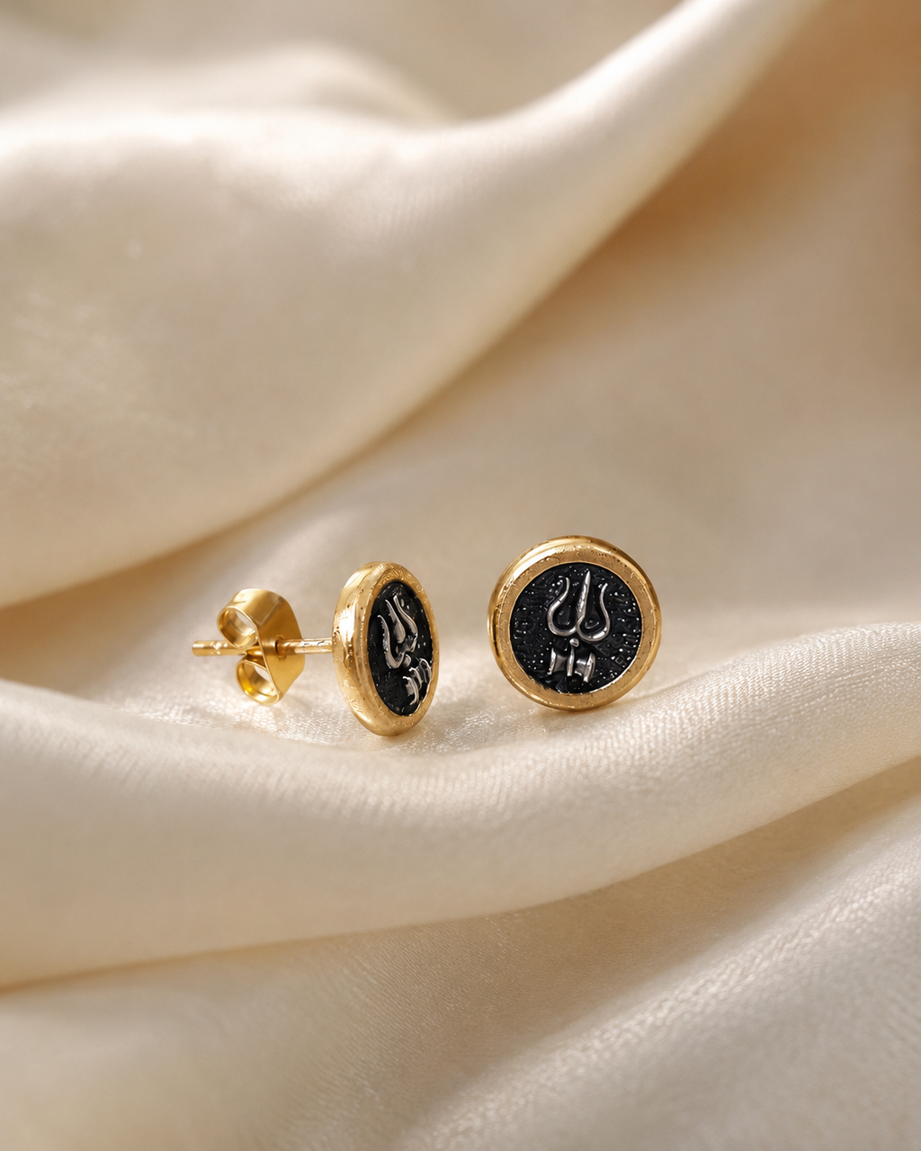 Round Trishul Stud Earrings for Men | Gold Plated Brass Shiva Trishul Earrings