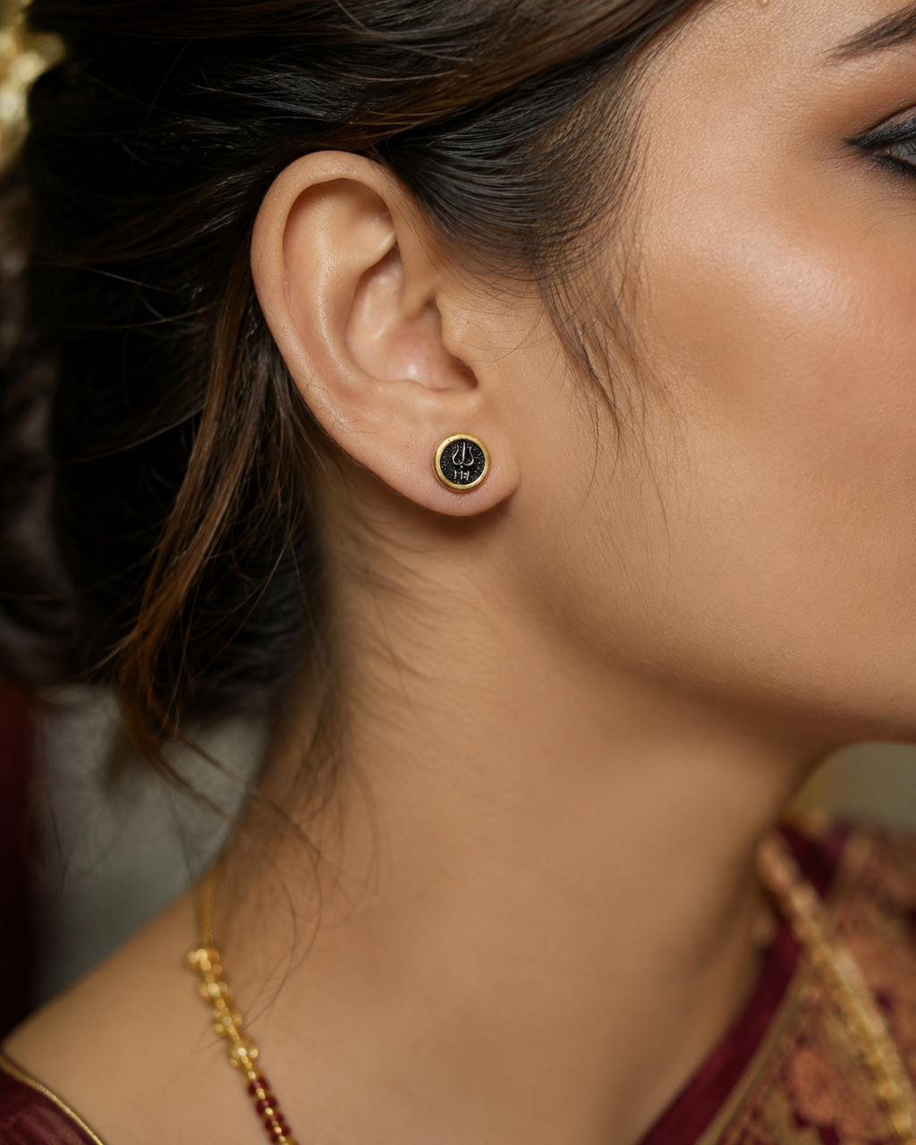 Round Trishul Stud Earrings for Men | Gold Plated Brass Shiva Trishul Earrings