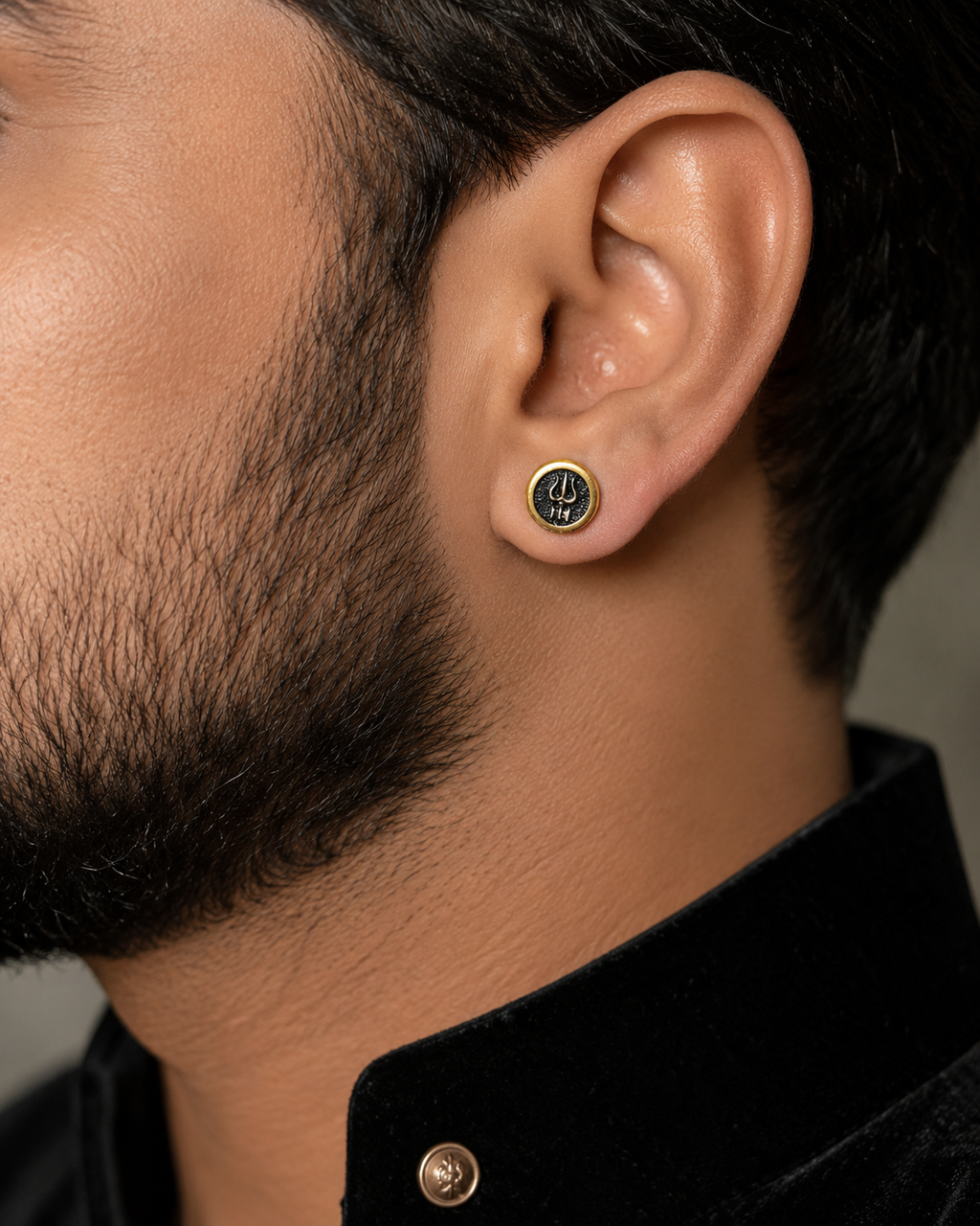 Round Trishul Stud Earrings for Men | Gold Plated Brass Shiva Trishul Earrings