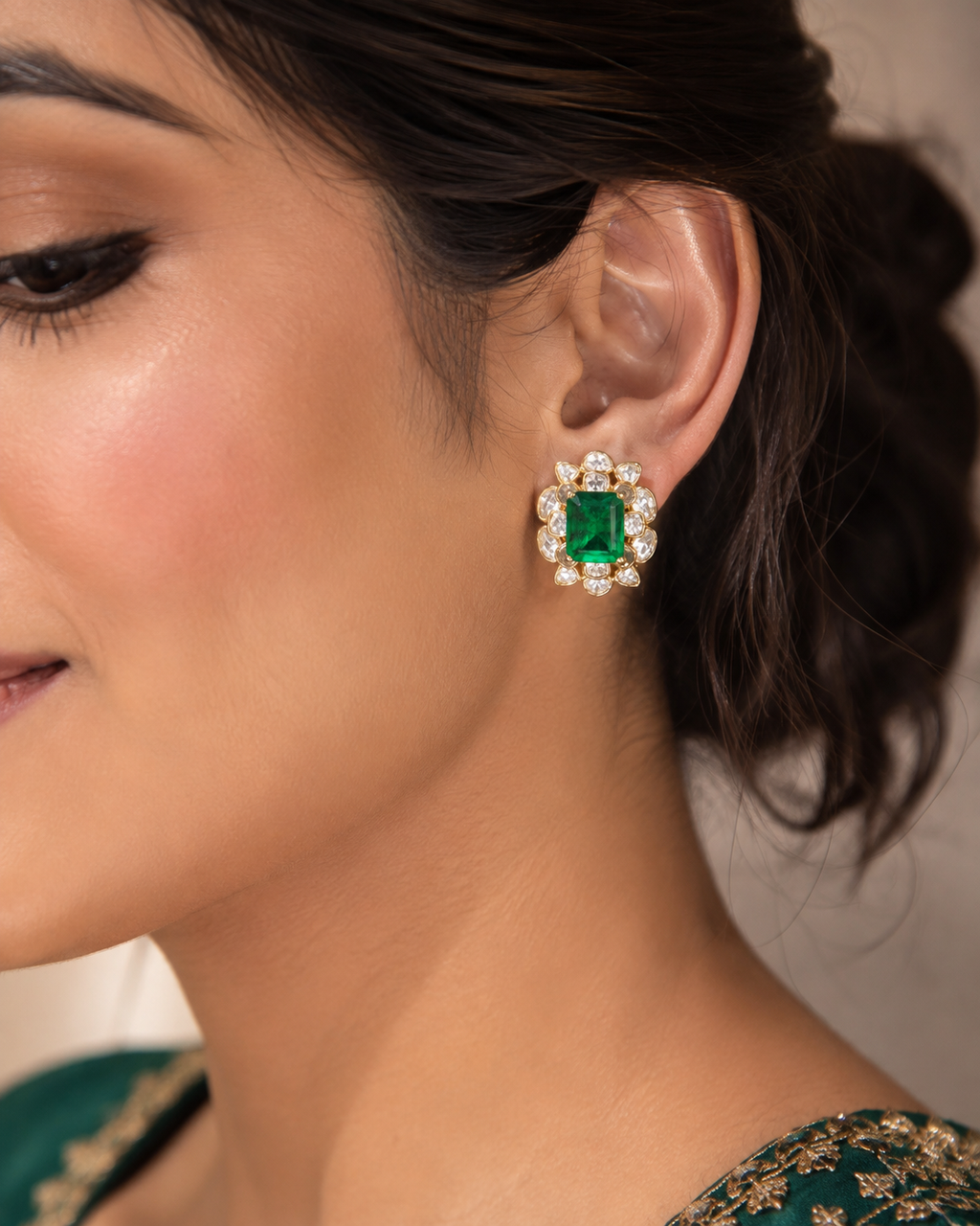 Gold Plated 925 Silver Moissanite Green Stone Stud Earrings for Women | Elegant Floral Design Statement Earrings | Premium Party, Wedding & Festive Jewelry
