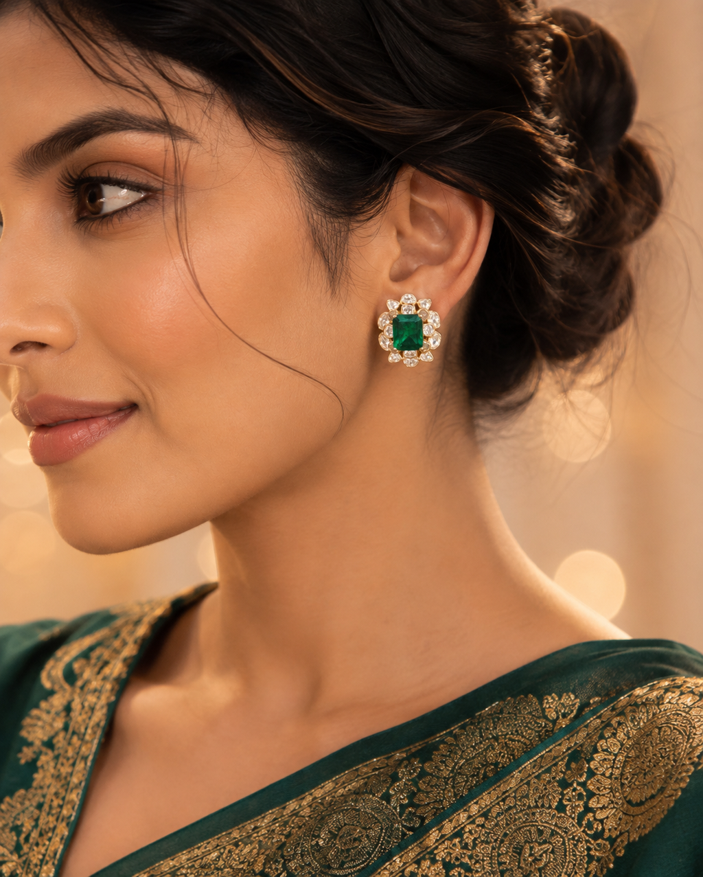 Gold Plated 925 Silver Moissanite Green Stone Stud Earrings for Women | Elegant Floral Design Statement Earrings | Premium Party, Wedding & Festive Jewelry