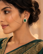 Gold Plated 925 Silver Moissanite Green Stone Stud Earrings for Women | Elegant Floral Design Statement Earrings | Premium Party, Wedding & Festive Jewelry