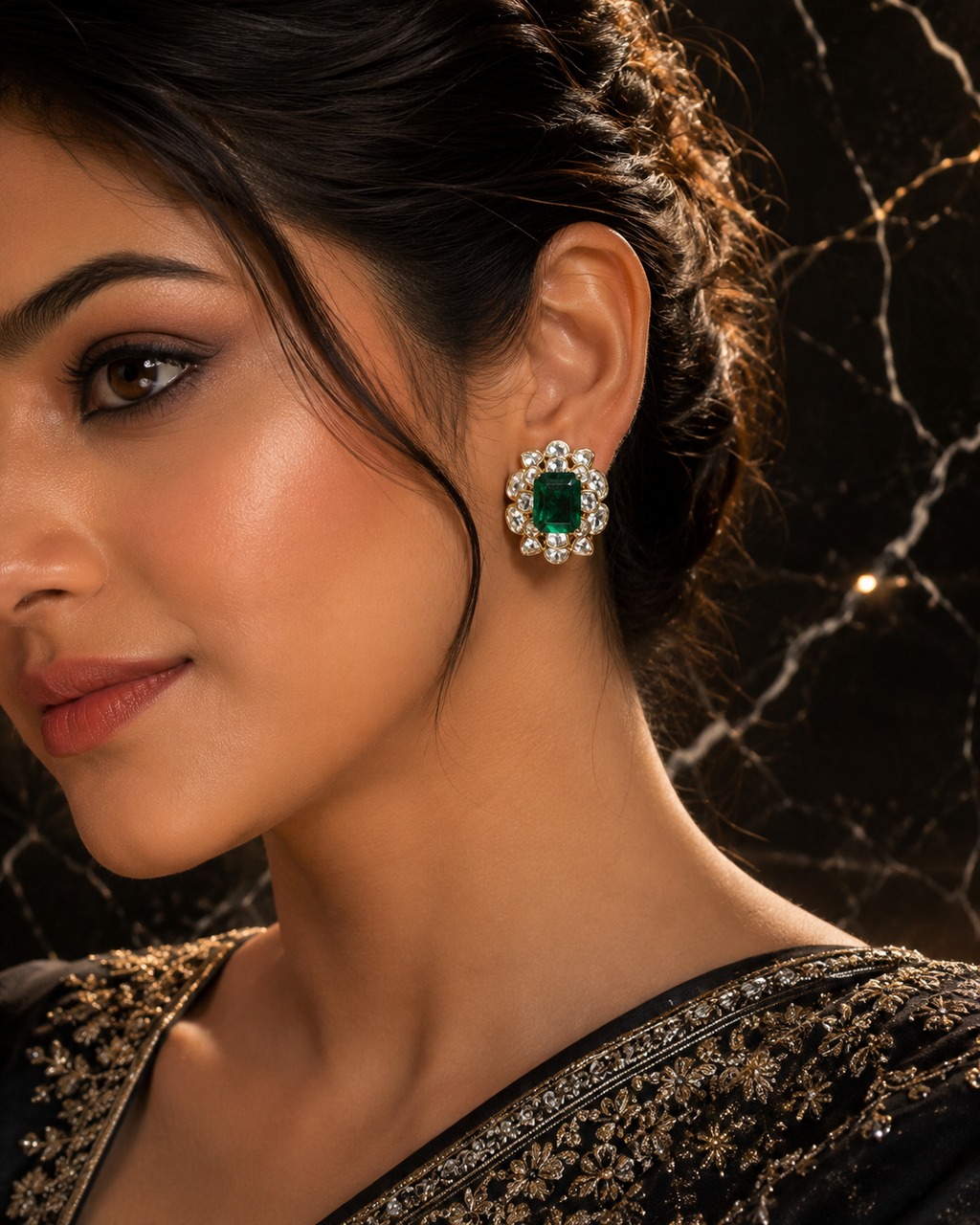 Gold Plated 925 Silver Moissanite Green Stone Stud Earrings for Women | Elegant Floral Design Statement Earrings | Premium Party, Wedding & Festive Jewelry