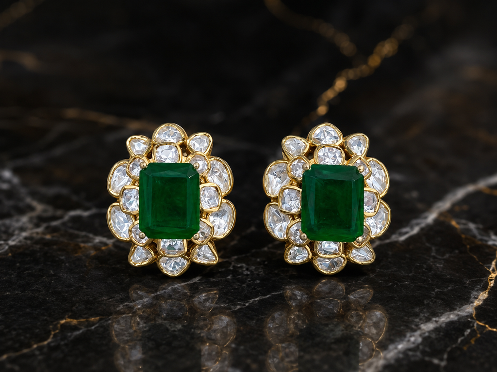Gold Plated 925 Silver Moissanite Green Stone Stud Earrings for Women | Elegant Floral Design Statement Earrings | Premium Party, Wedding & Festive Jewelry