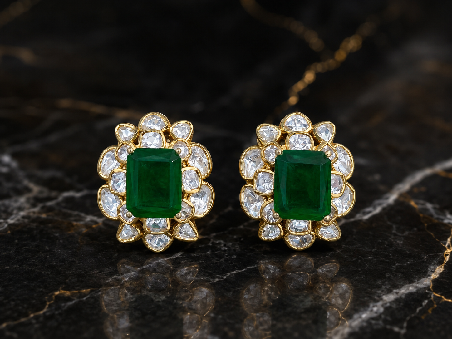 Gold Plated 925 Silver Moissanite Green Stone Stud Earrings for Women | Elegant Floral Design Statement Earrings | Premium Party, Wedding & Festive Jewelry