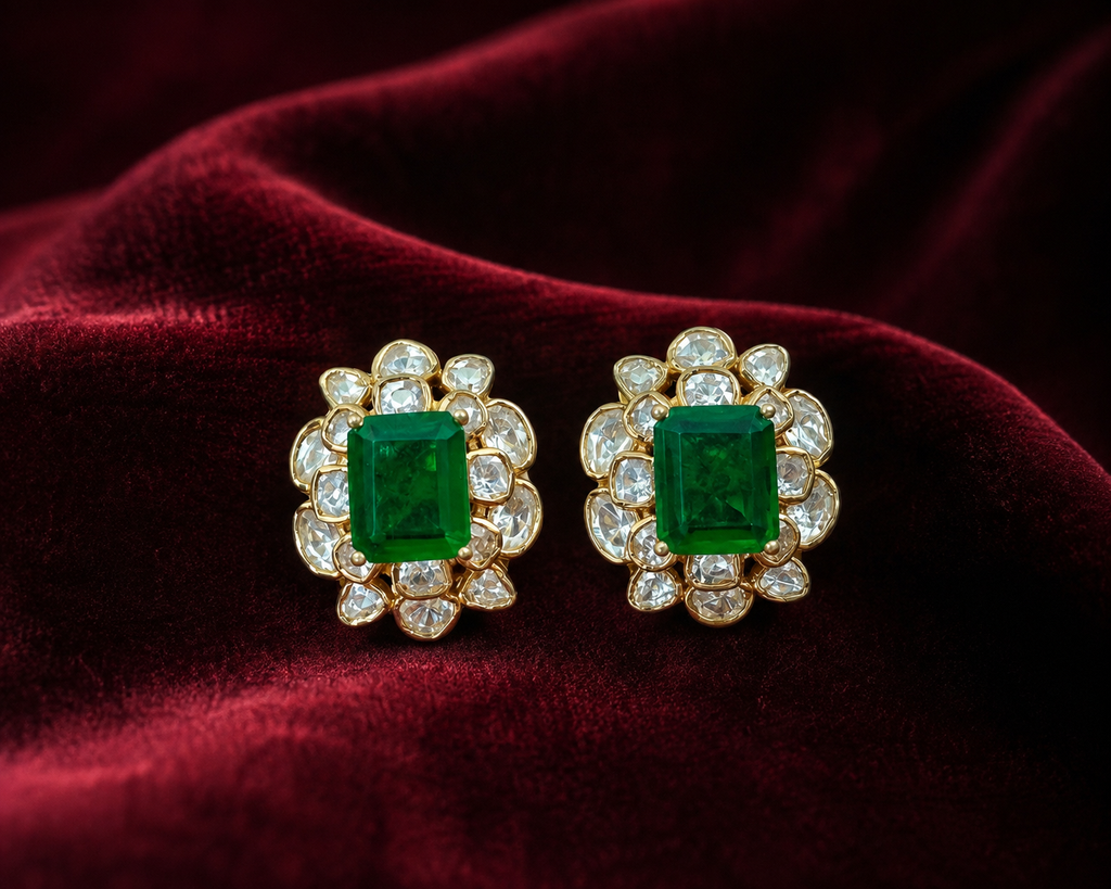 Gold Plated 925 Silver Moissanite Green Stone Stud Earrings for Women | Elegant Floral Design Statement Earrings | Premium Party, Wedding & Festive Jewelry
