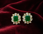 Gold Plated 925 Silver Moissanite Green Stone Stud Earrings for Women | Elegant Floral Design Statement Earrings | Premium Party, Wedding & Festive Jewelry
