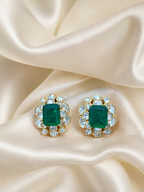 Gold Plated 925 Silver Moissanite Green Stone Stud Earrings for Women | Elegant Floral Design Statement Earrings | Premium Party, Wedding & Festive Jewelry