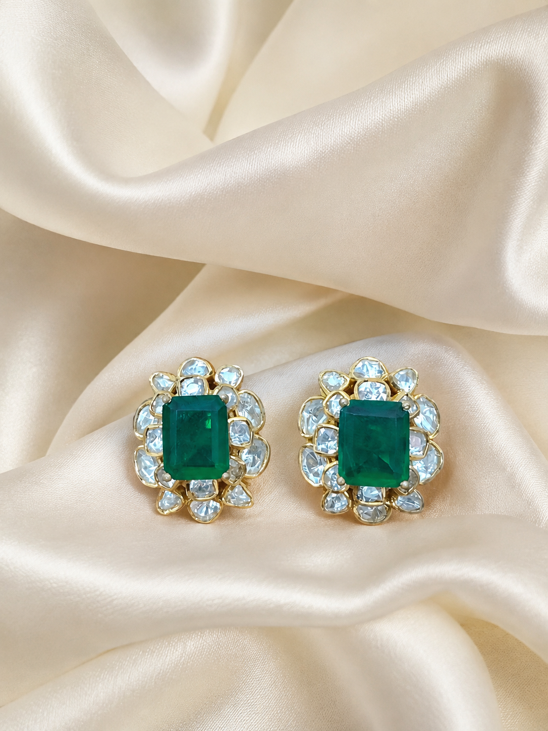 Gold Plated 925 Silver Moissanite Green Stone Stud Earrings for Women | Elegant Floral Design Statement Earrings | Premium Party, Wedding & Festive Jewelry