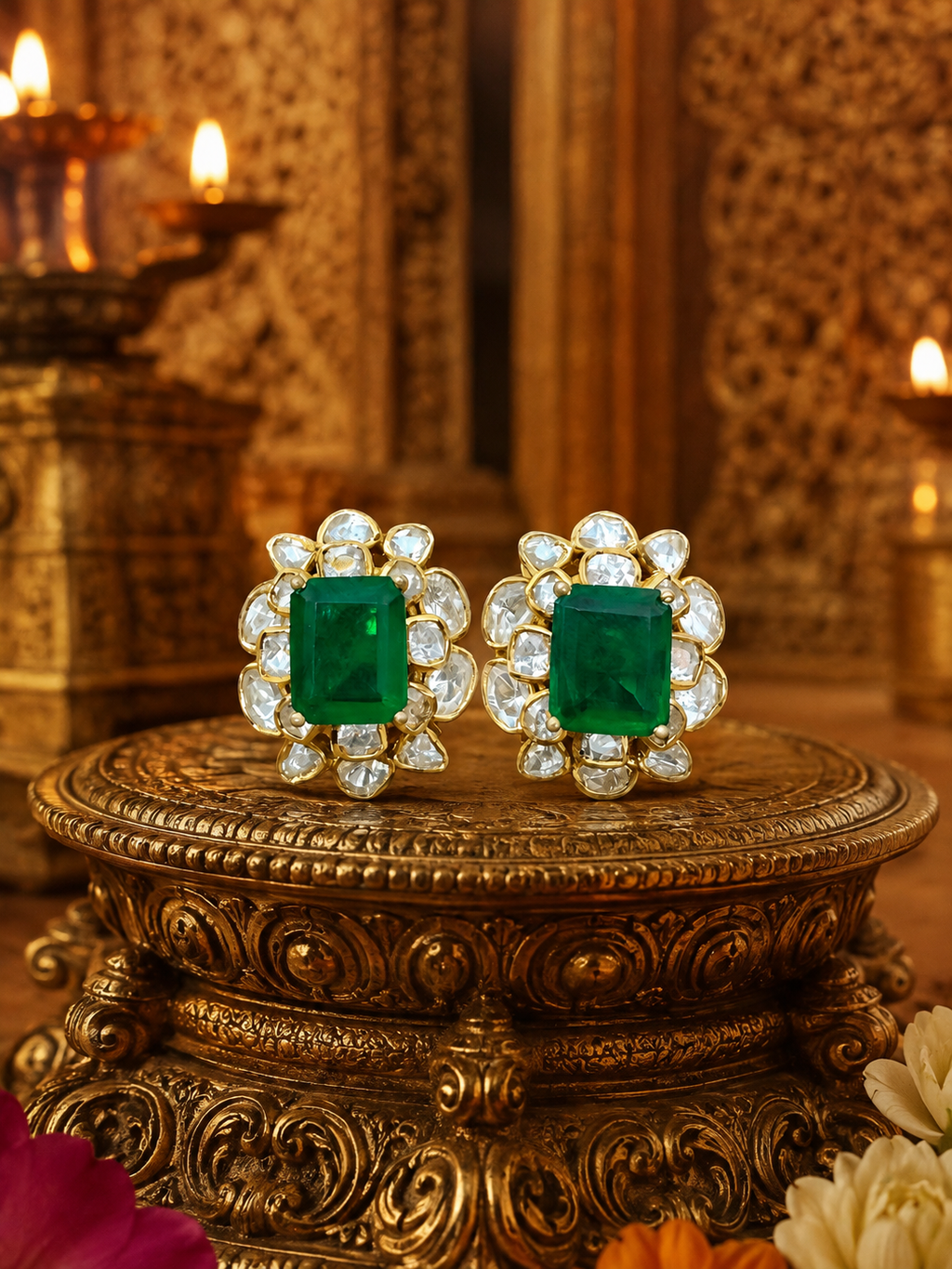 Gold Plated 925 Silver Moissanite Green Stone Stud Earrings for Women | Elegant Floral Design Statement Earrings | Premium Party, Wedding & Festive Jewelry