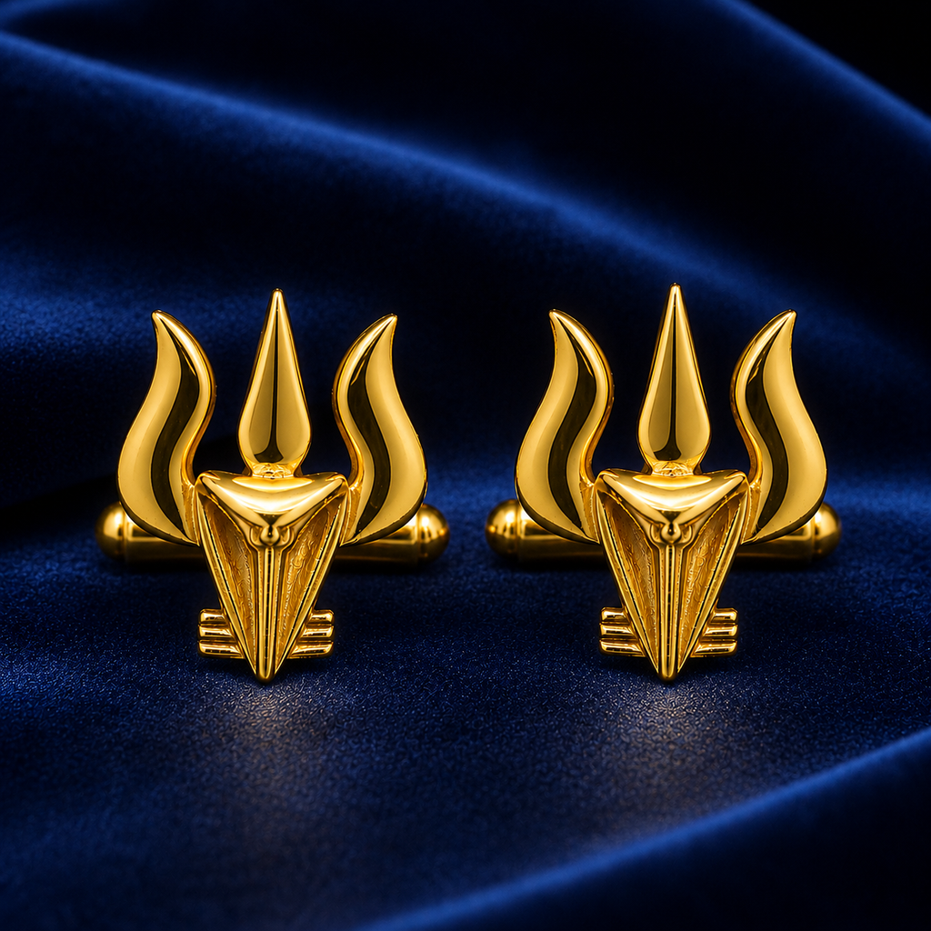 Trishul Snake Gold Plated Brass Cufflinks for Men | Unique Shiva Trishul Inspired Cuff Links | Spiritual Indian Design |
