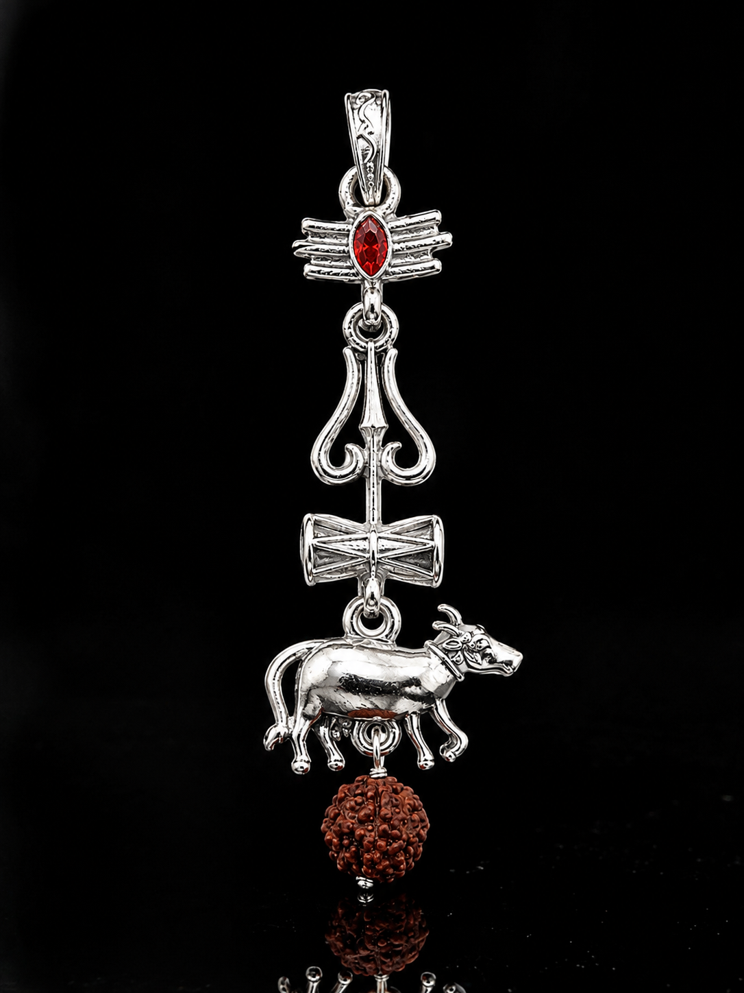 Oxidized Shiv Trishul Pendant with Nandi & Rudraksha | Silver Tone Spiritual Necklace | Mahadev Jewelry for Men & Women