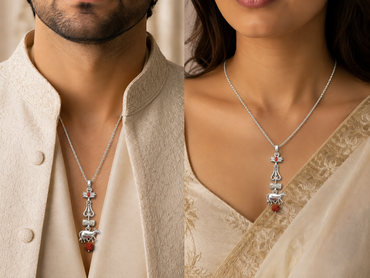 Oxidized Shiv Trishul Pendant with Nandi & Rudraksha | Silver Tone Spiritual Necklace | Mahadev Jewelry for Men & Women
