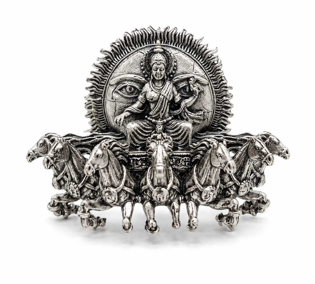 Surya Narayan Brooch – Made to Order Silver Plated Brass Oxidized Brooch with 7 Horses, Traditional Indian Brooch for Men & Women