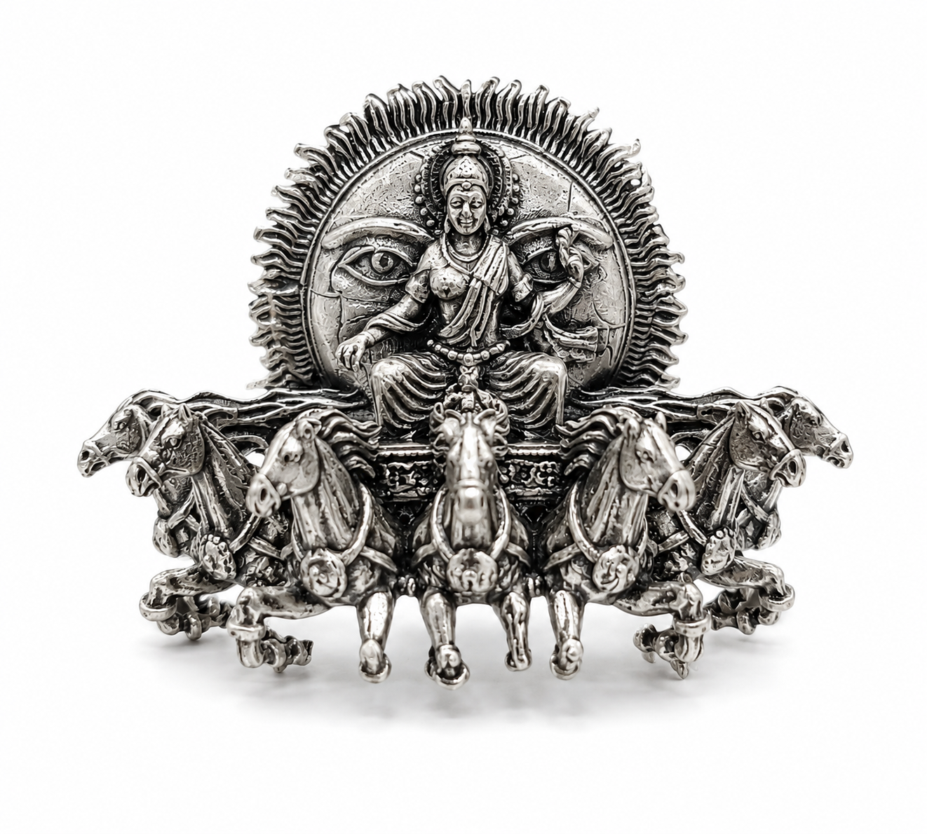 Surya Narayan Brooch – Made to Order Silver Plated Brass Oxidized Brooch with 7 Horses, Traditional Indian Brooch for Men & Women