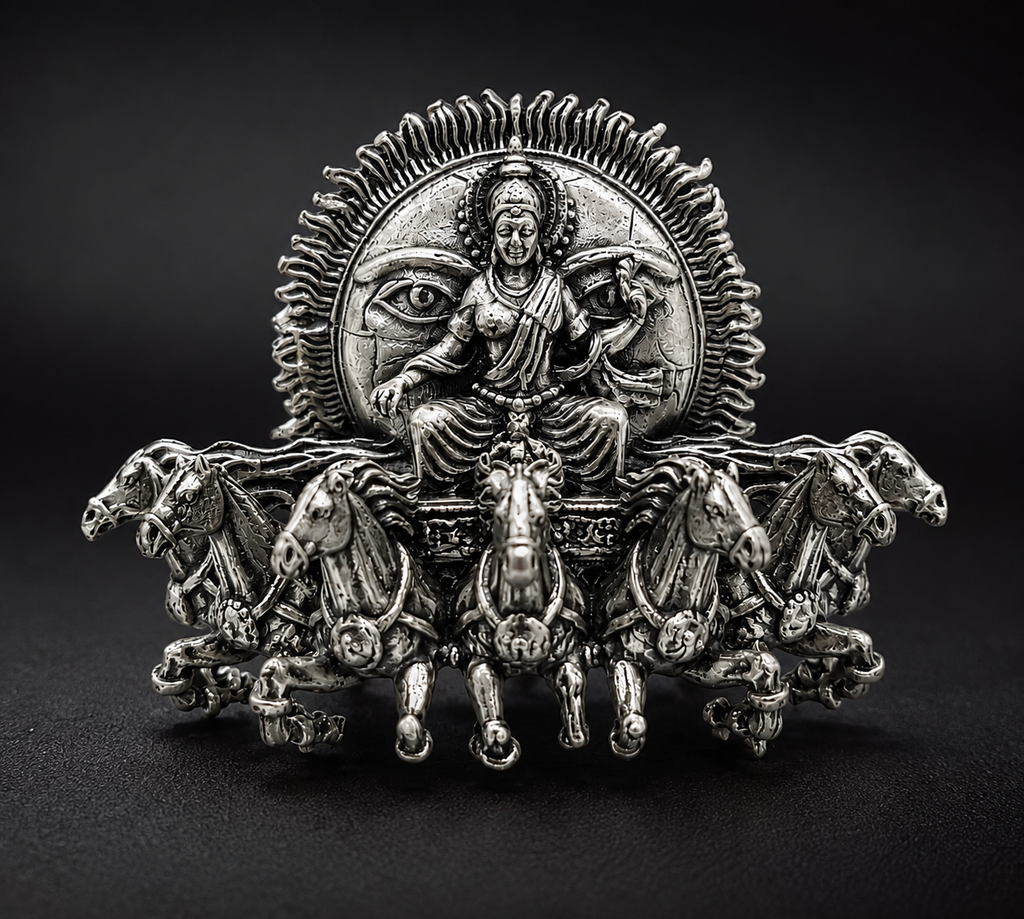Surya Narayan Brooch – Made to Order Silver Plated Brass Oxidized Brooch with 7 Horses, Traditional Indian Brooch for Men & Women