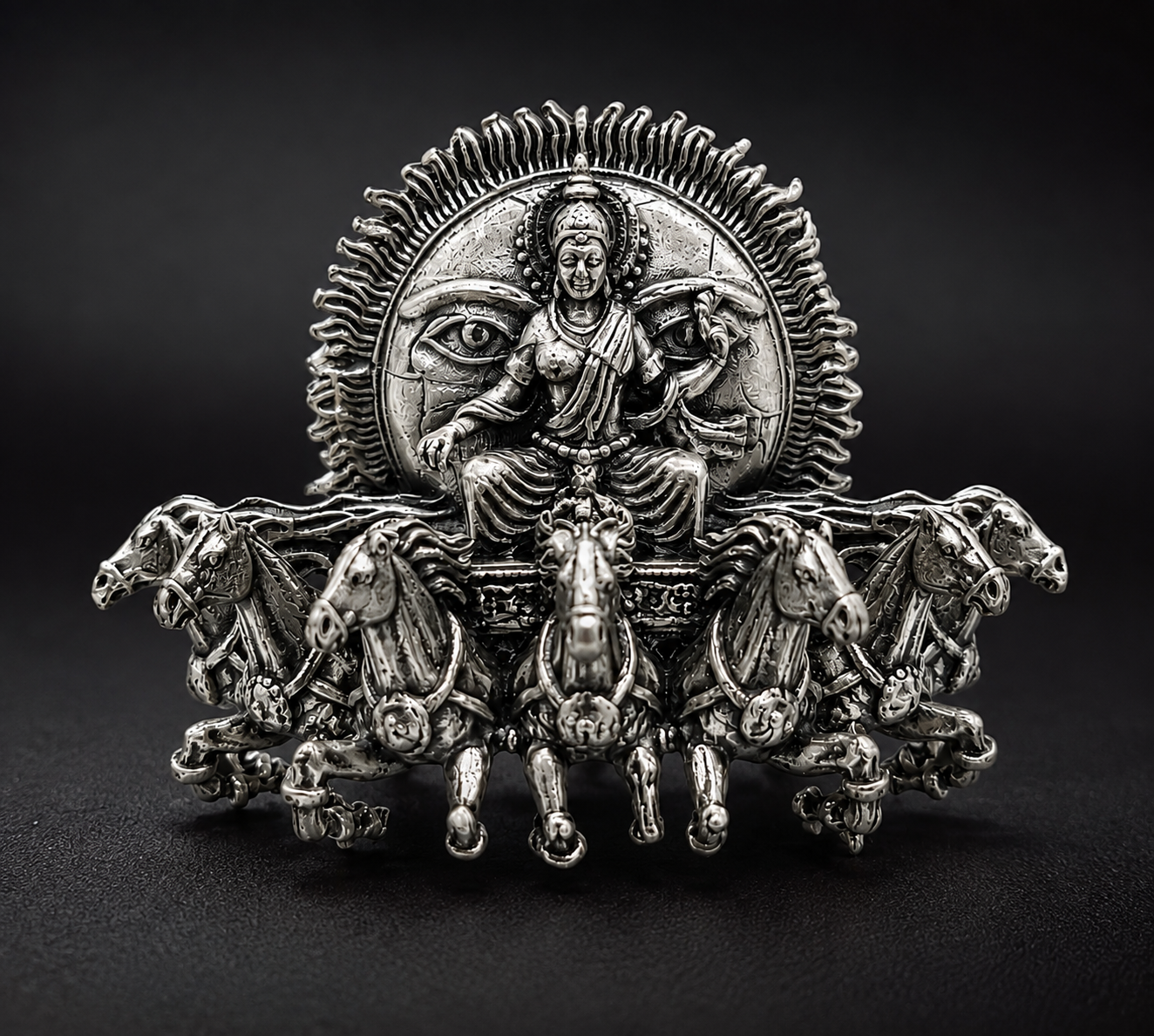 Surya Narayan Brooch – Made to Order Silver Plated Brass Oxidized Brooch with 7 Horses, Traditional Indian Brooch for Men & Women