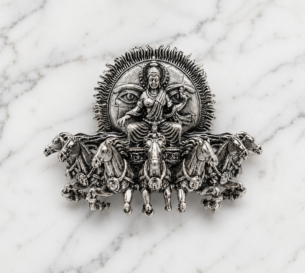 Surya Narayan Brooch – Made to Order Silver Plated Brass Oxidized Brooch with 7 Horses, Traditional Indian Brooch for Men & Women