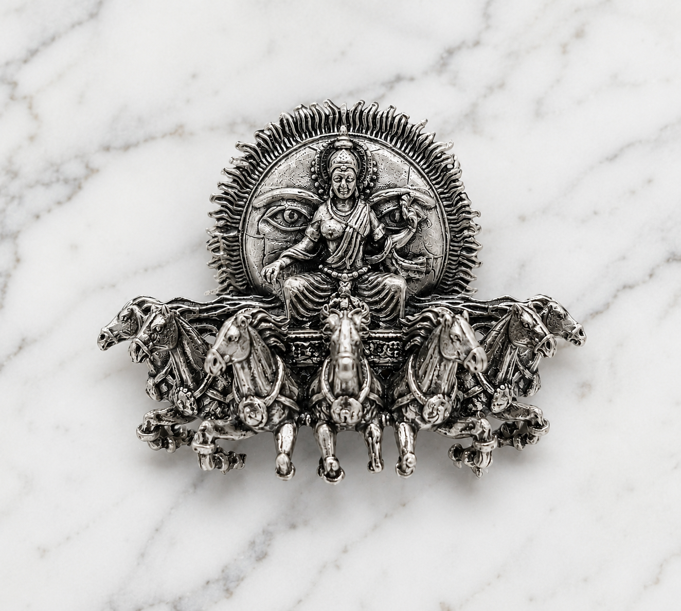 Surya Narayan Brooch – Made to Order Silver Plated Brass Oxidized Brooch with 7 Horses, Traditional Indian Brooch for Men & Women