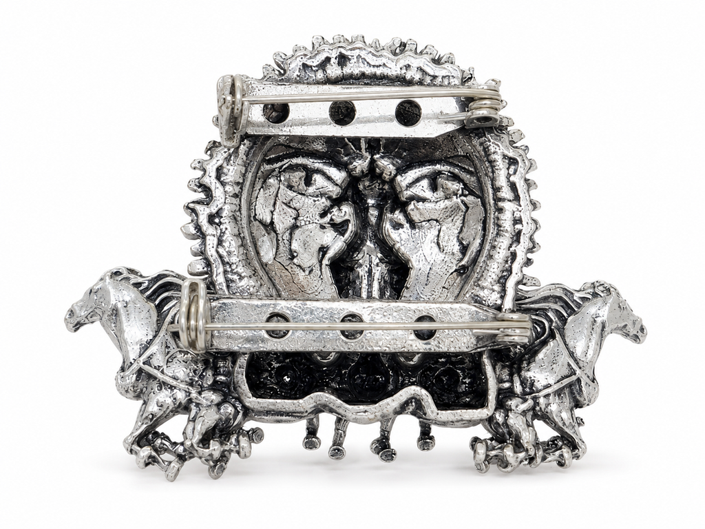 Surya Narayan Brooch – Made to Order Silver Plated Brass Oxidized Brooch with 7 Horses, Traditional Indian Brooch for Men & Women