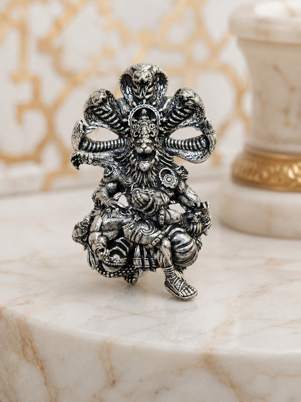 Narasimha Ji Brooch for Men & Women, Oxidized Silver Plated Brass Hindu Deity Brooch Pin, Lord Narasimha with Sheshnag Traditional Spiritual Jewelry