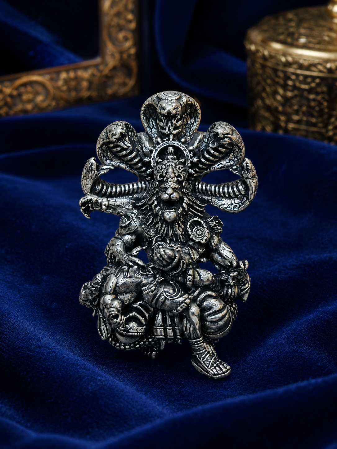 Narasimha Ji Brooch for Men & Women, Oxidized Silver Plated Brass Hindu Deity Brooch Pin, Lord Narasimha with Sheshnag Traditional Spiritual Jewelry
