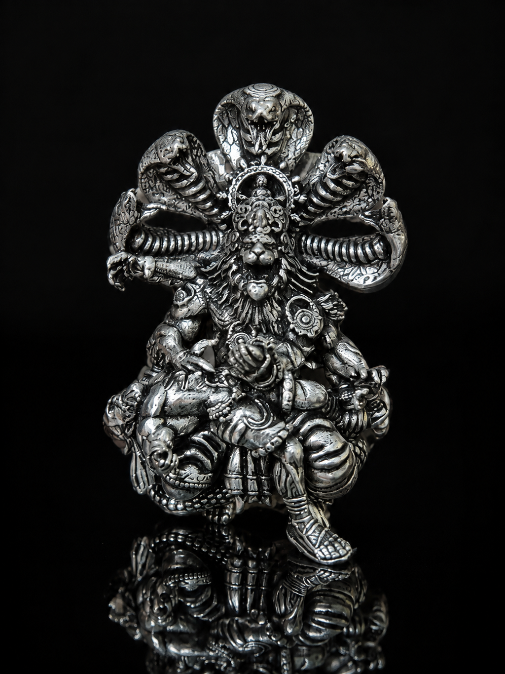 Narasimha Ji Brooch for Men & Women, Oxidized Silver Plated Brass Hindu Deity Brooch Pin, Lord Narasimha with Sheshnag Traditional Spiritual Jewelry