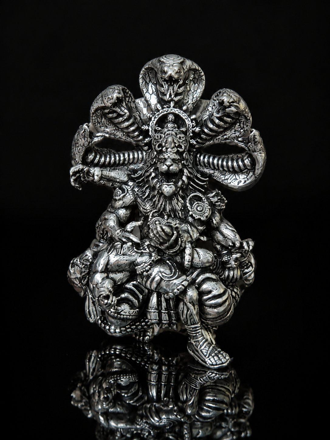 Narasimha Ji Brooch for Men & Women, Oxidized Silver Plated Brass Hindu Deity Brooch Pin, Lord Narasimha with Sheshnag Traditional Spiritual Jewelry