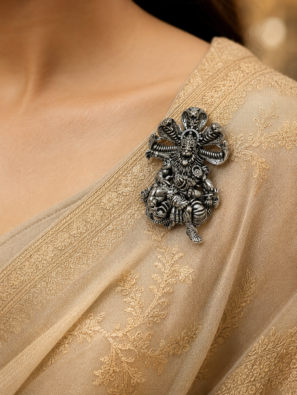 Narasimha Ji Brooch for Men & Women, Oxidized Silver Plated Brass Hindu Deity Brooch Pin, Lord Narasimha with Sheshnag Traditional Spiritual Jewelry