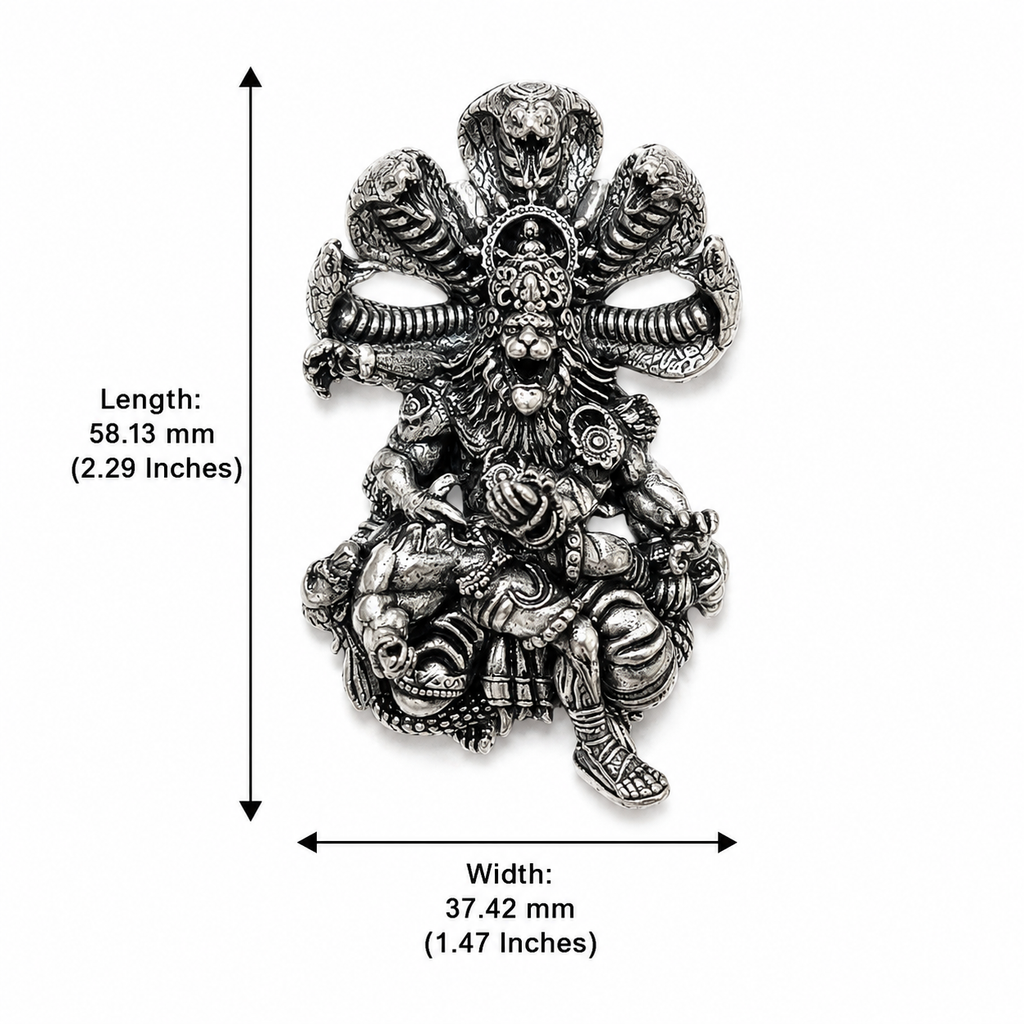 Narasimha Ji Brooch for Men & Women, Oxidized Silver Plated Brass Hindu Deity Brooch Pin, Lord Narasimha with Sheshnag Traditional Spiritual Jewelry