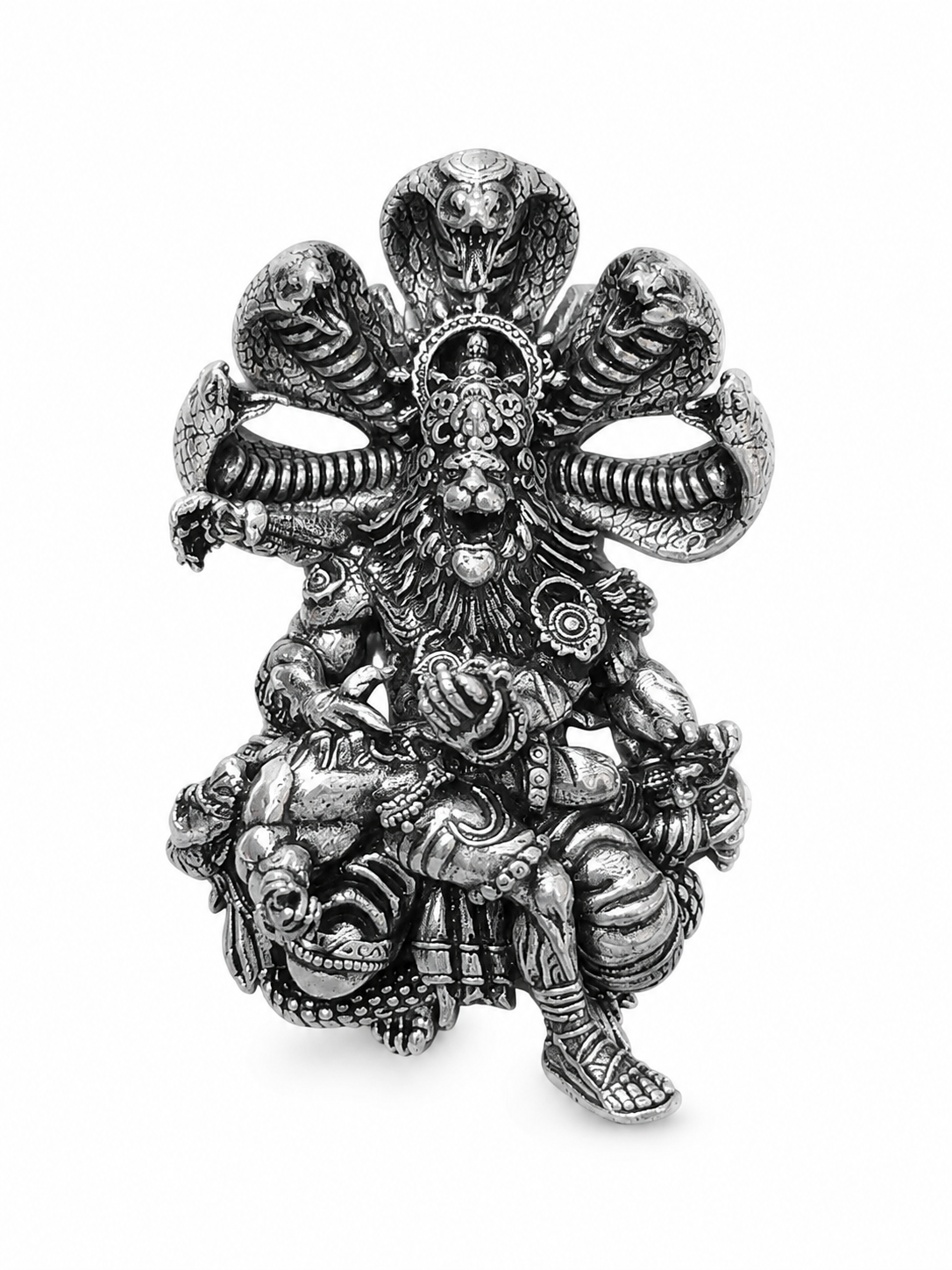 Narasimha Ji Brooch for Men & Women, Oxidized Silver Plated Brass Hindu Deity Brooch Pin, Lord Narasimha with Sheshnag Traditional Spiritual Jewelry