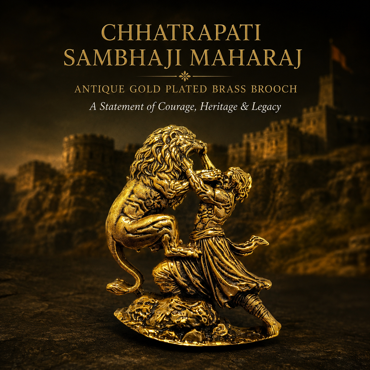 Chhatrapati Sambhaji Maharaj Lion Brooch in Antique Gold Plated Brass