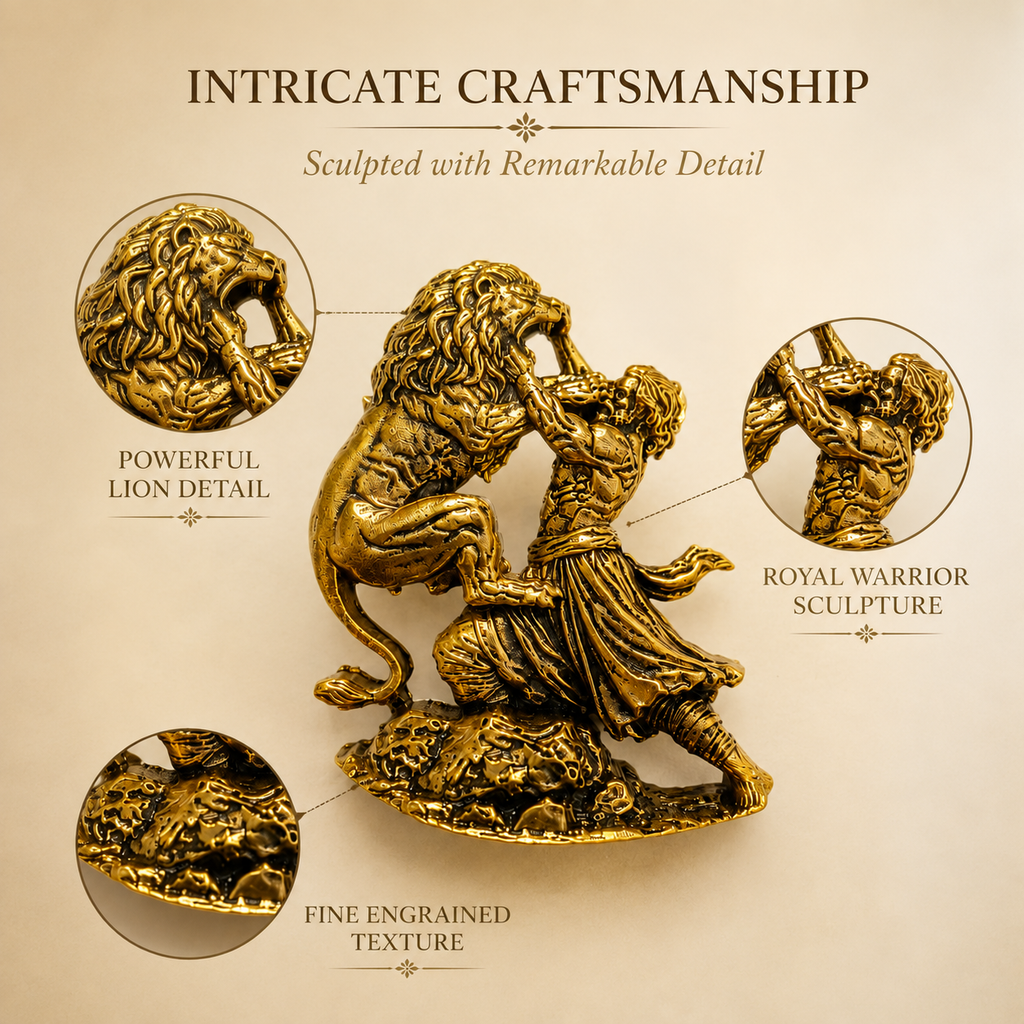 Chhatrapati Sambhaji Maharaj Lion Brooch in Antique Gold Plated Brass