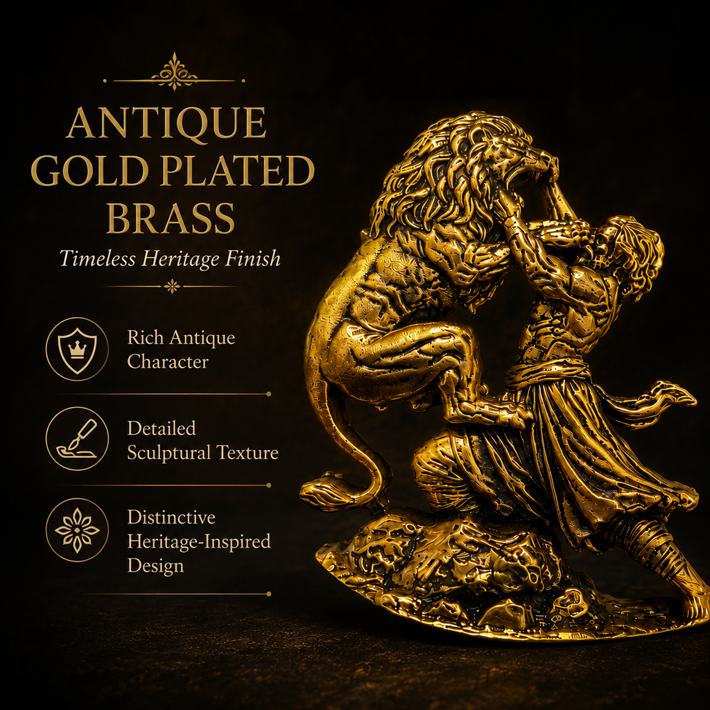 Chhatrapati Sambhaji Maharaj Lion Brooch in Antique Gold Plated Brass