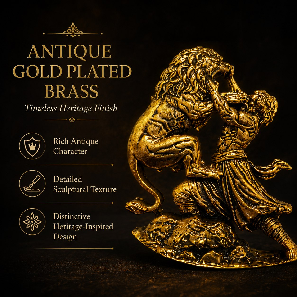 Chhatrapati Sambhaji Maharaj Lion Brooch in Antique Gold Plated Brass
