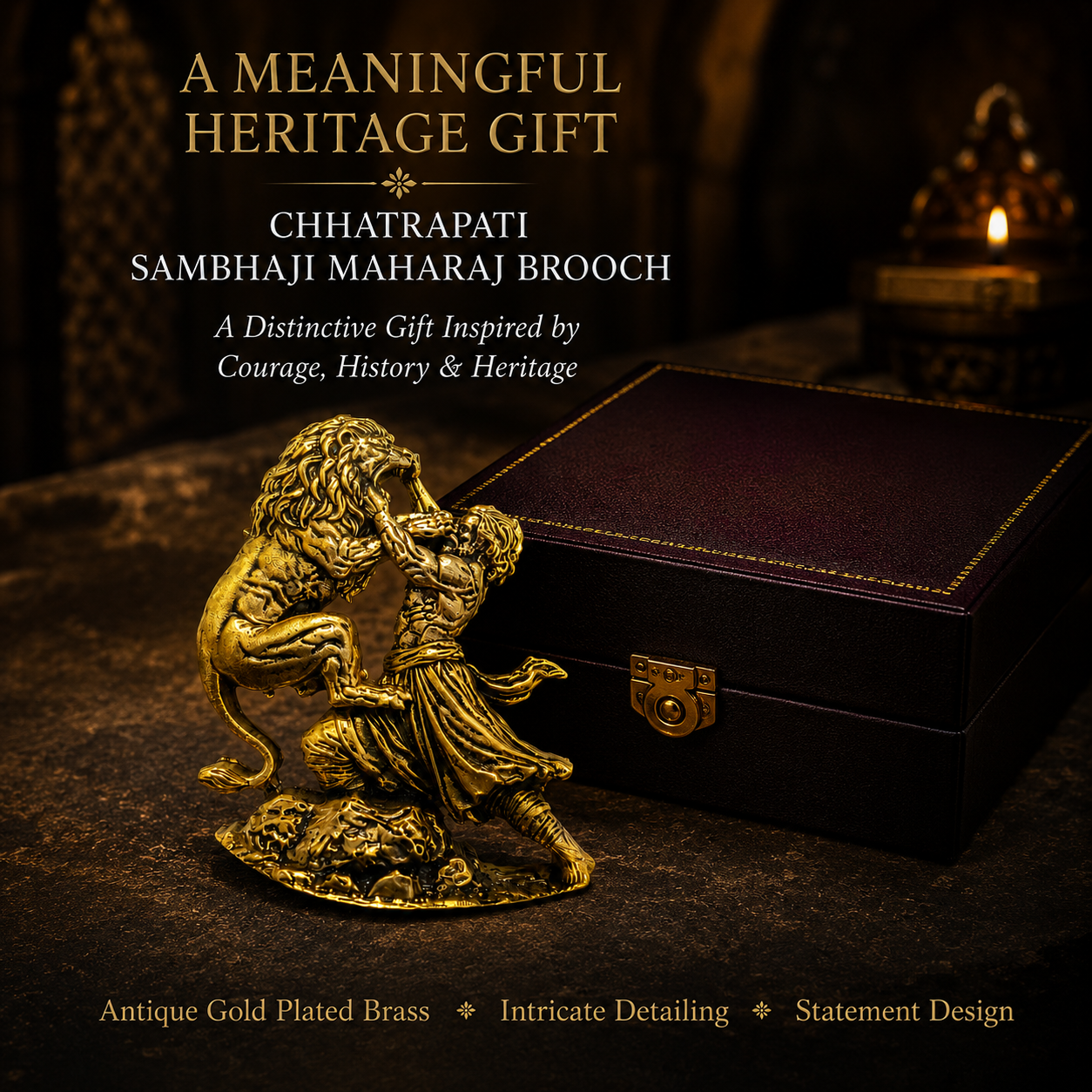 Chhatrapati Sambhaji Maharaj Lion Brooch in Antique Gold Plated Brass