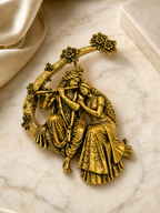 Radha Krishna Gold Plated Brass Brooch | Divine Radha Krishna Brooch for Men & Women | Traditional Indian Ethnic Brooch for Kurta, Sherwani, Saree & Festive Wear