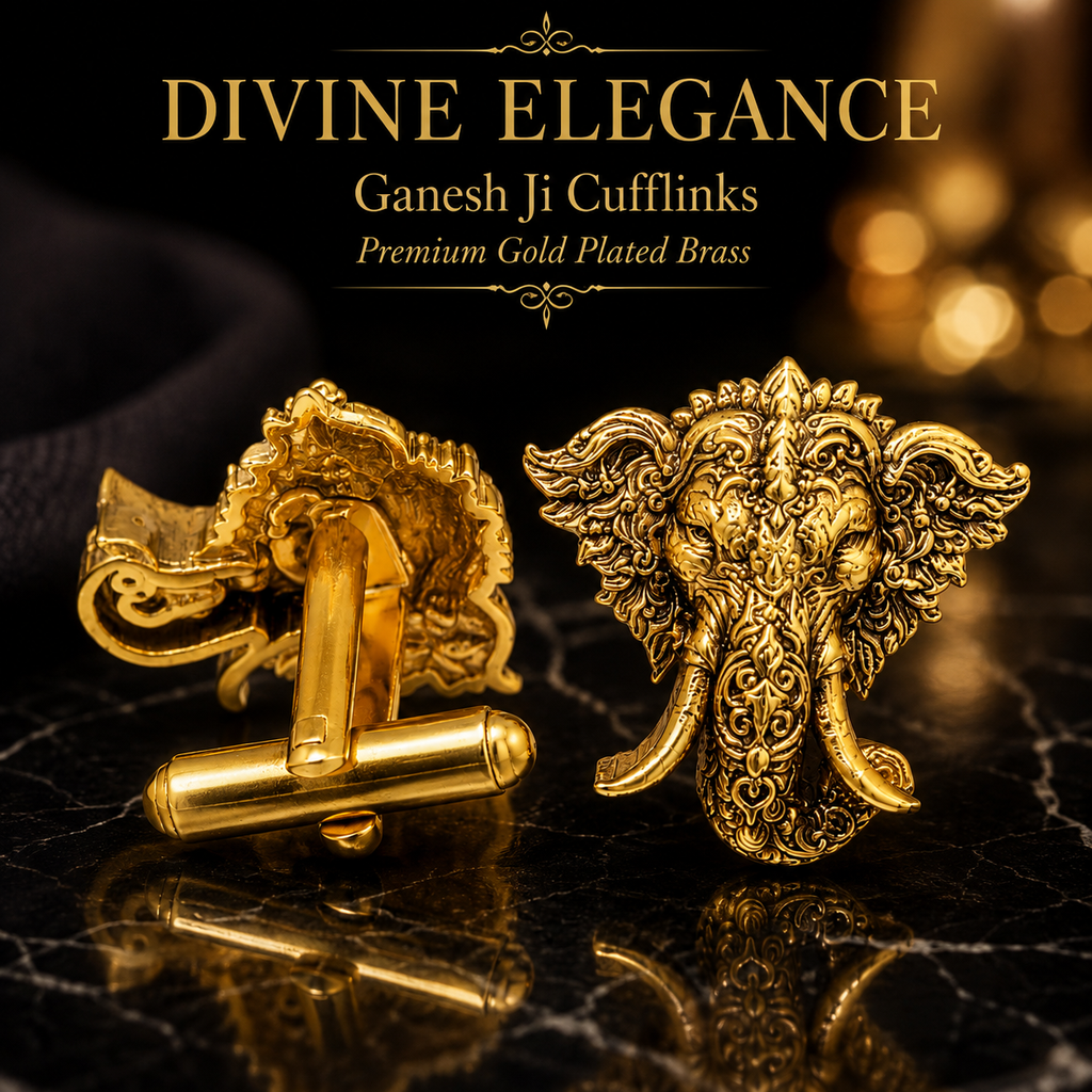 Shri Ganesha Gold Plated Brass Cufflinks for Men | Traditional Hindu God Cufflinks | Indian Wedding & Festive Wear