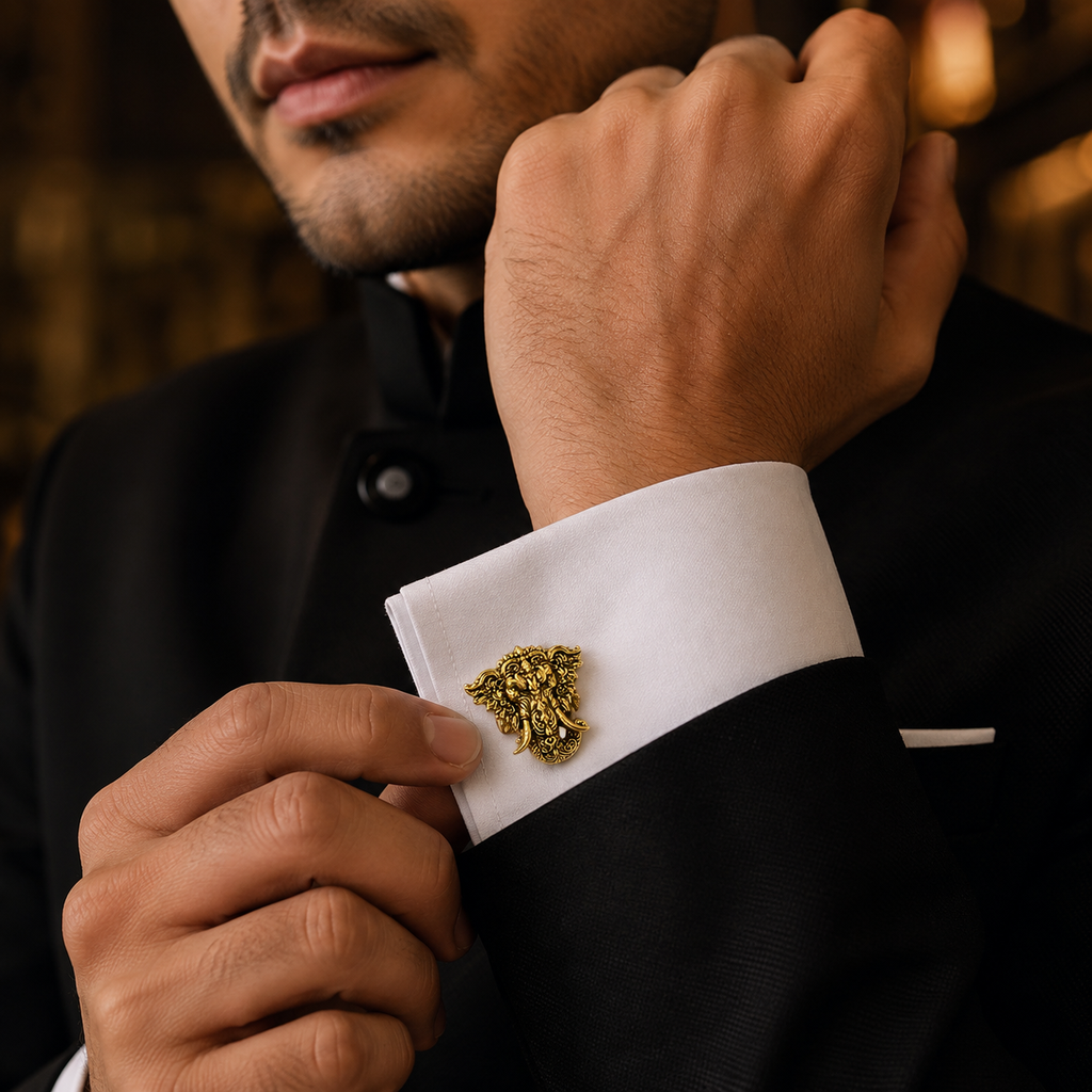 Shri Ganesha Gold Plated Brass Cufflinks for Men | Traditional Hindu God Cufflinks | Indian Wedding & Festive Wear