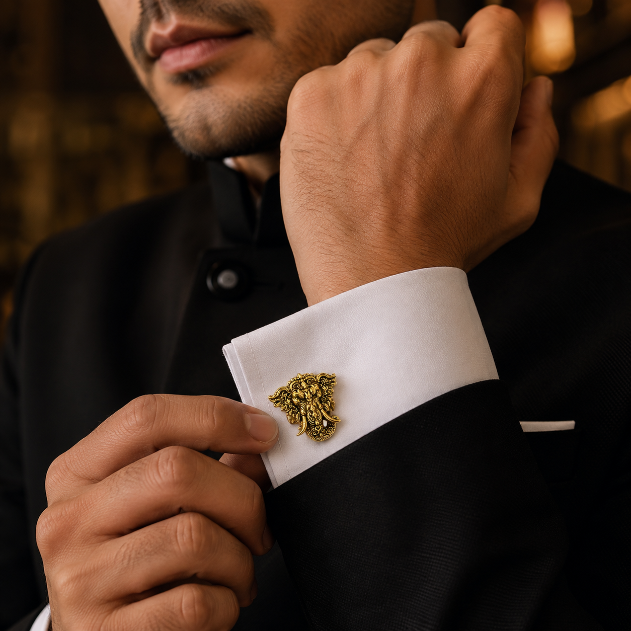 Shri Ganesha Gold Plated Brass Cufflinks for Men | Traditional Hindu God Cufflinks | Indian Wedding & Festive Wear