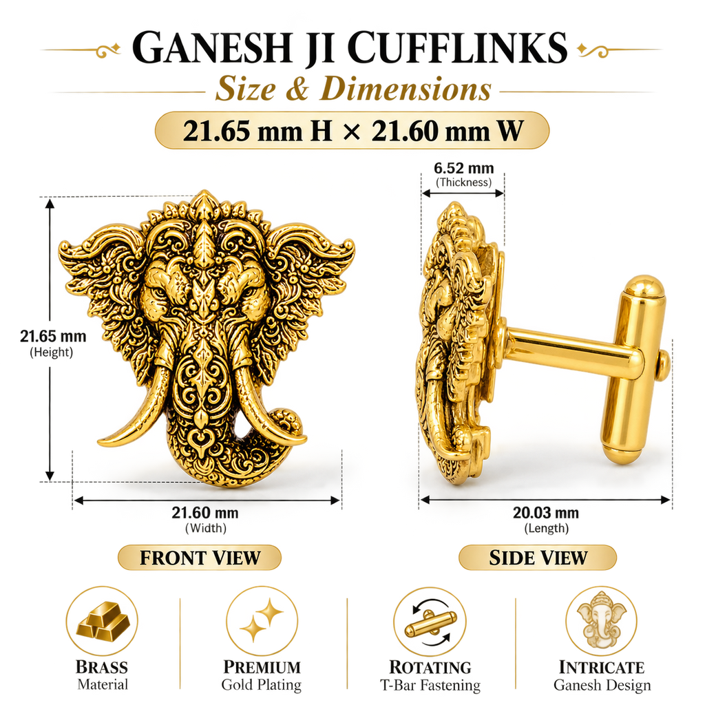 Shri Ganesha Gold Plated Brass Cufflinks for Men | Traditional Hindu God Cufflinks | Indian Wedding & Festive Wear