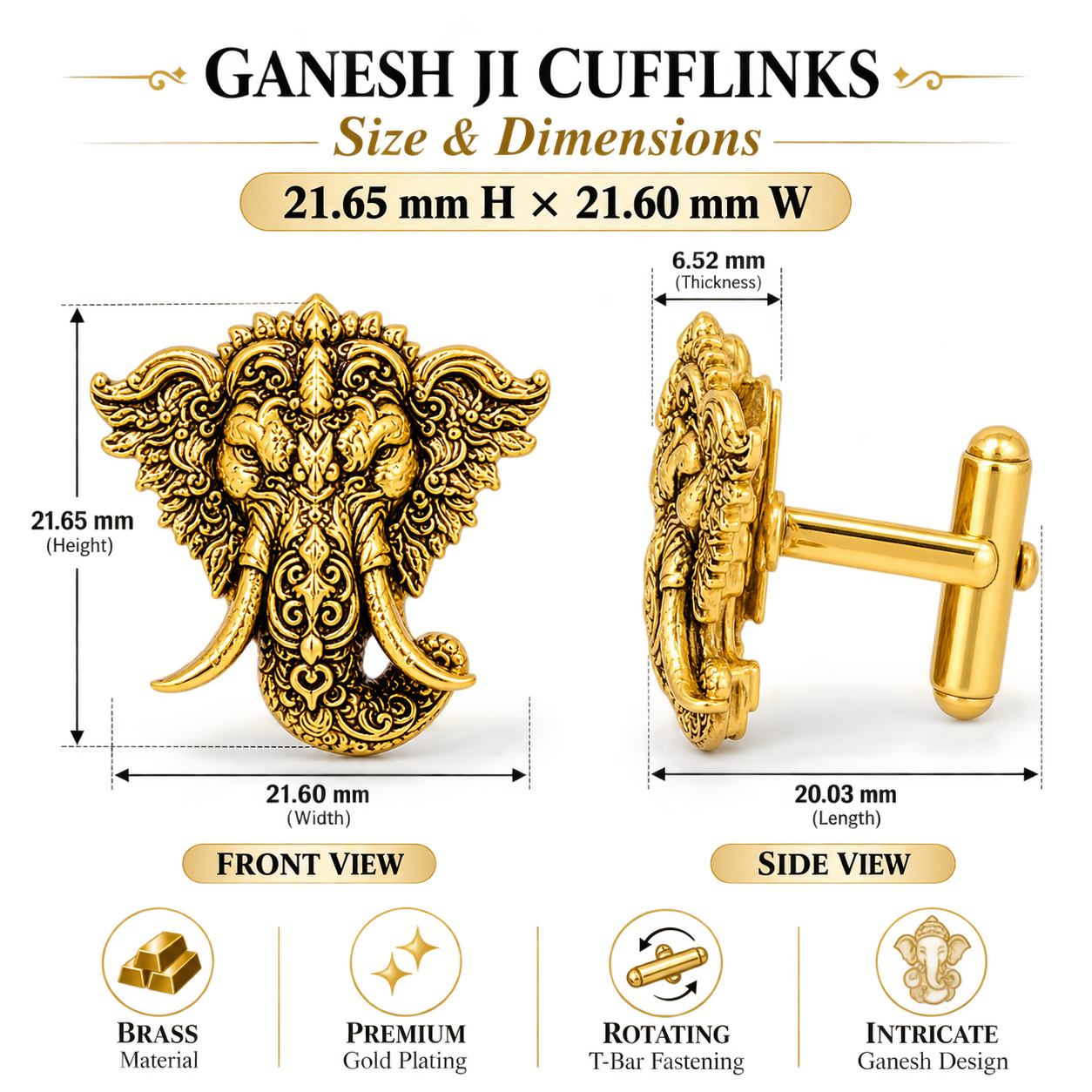 Shri Ganesha Gold Plated Brass Cufflinks for Men | Traditional Hindu God Cufflinks | Indian Wedding & Festive Wear