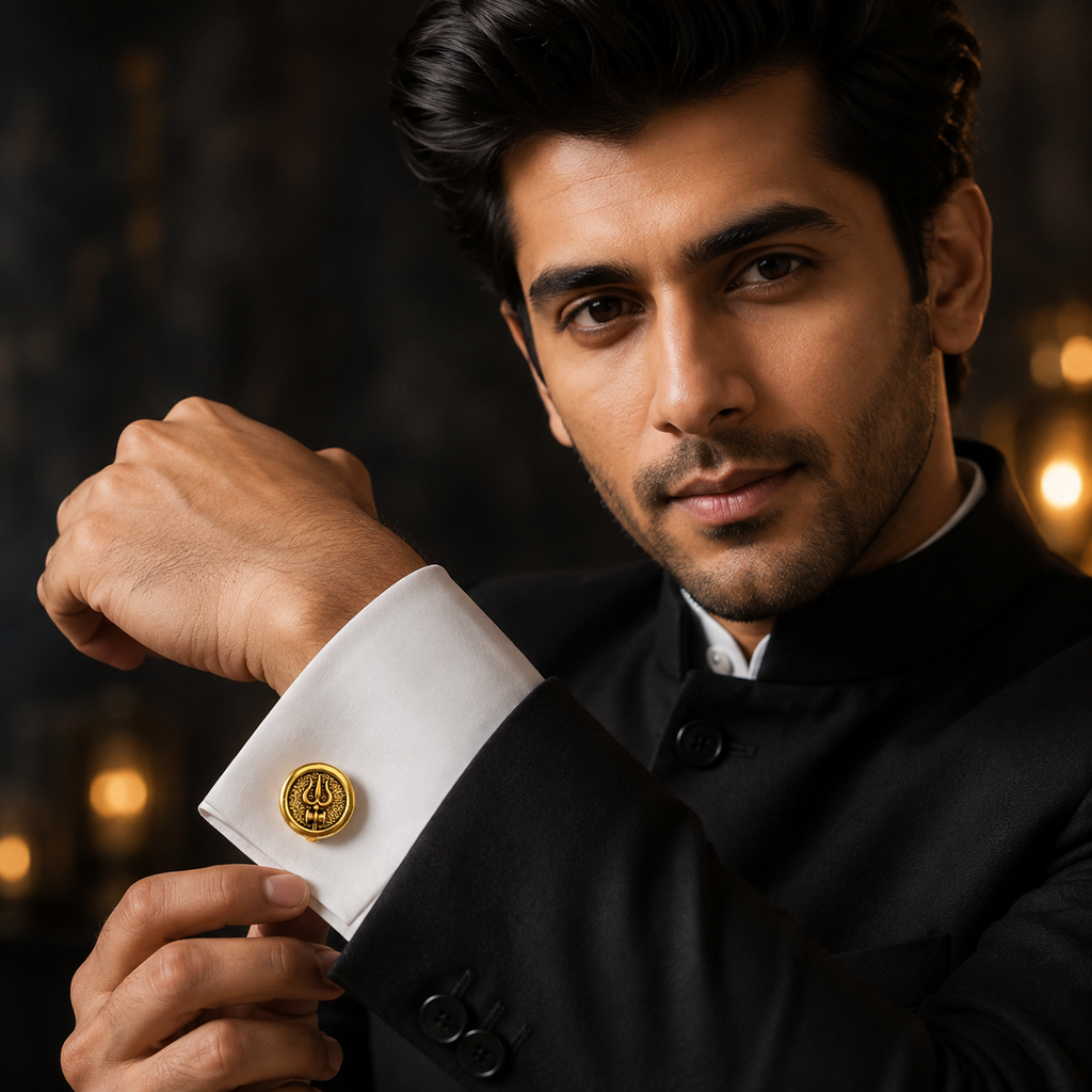 Round Trishul Cufflinks for Men – Gold Plated Brass Shiva Trishul Design Formal Cufflinks