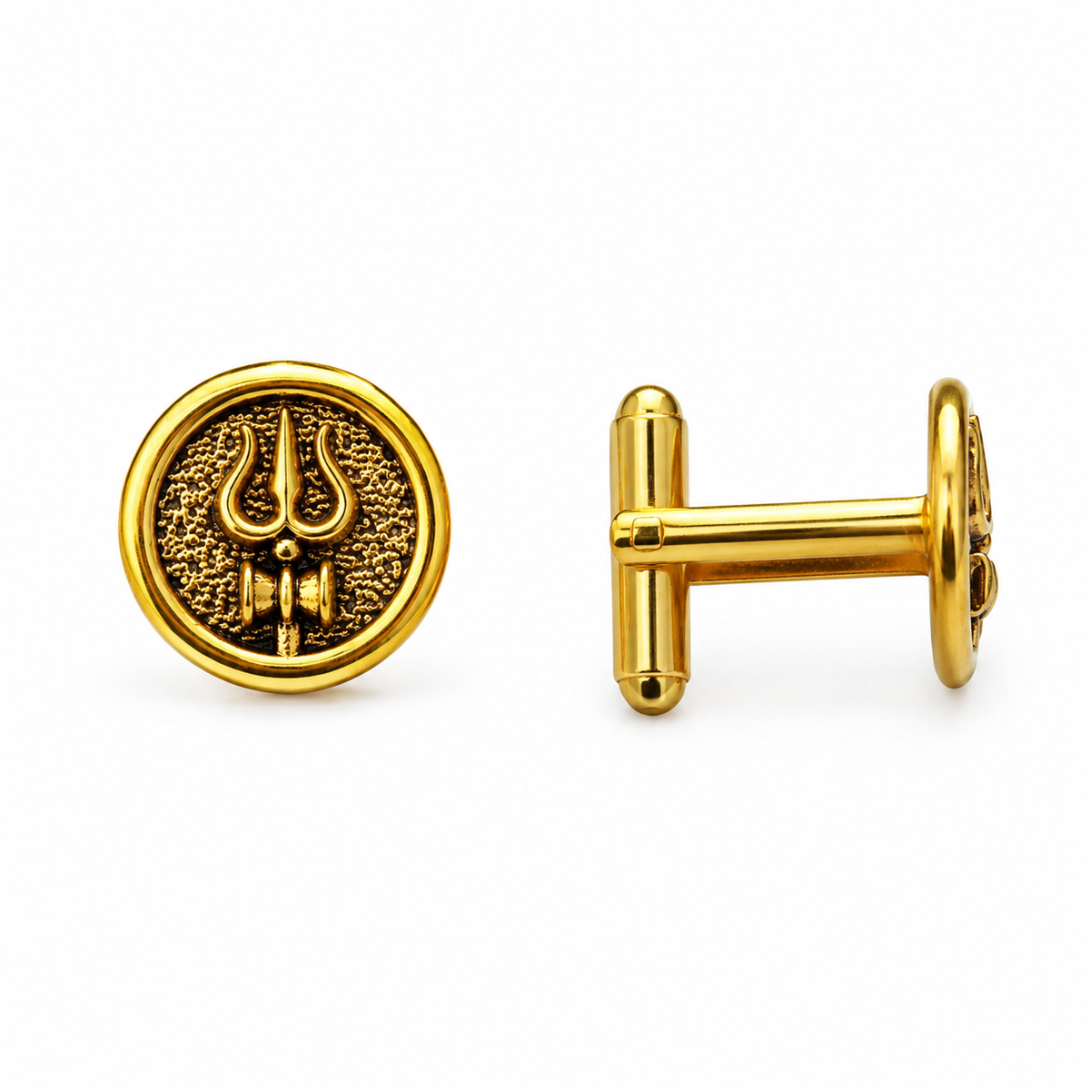Round Trishul Cufflinks for Men – Gold Plated Brass Shiva Trishul Design Formal Cufflinks